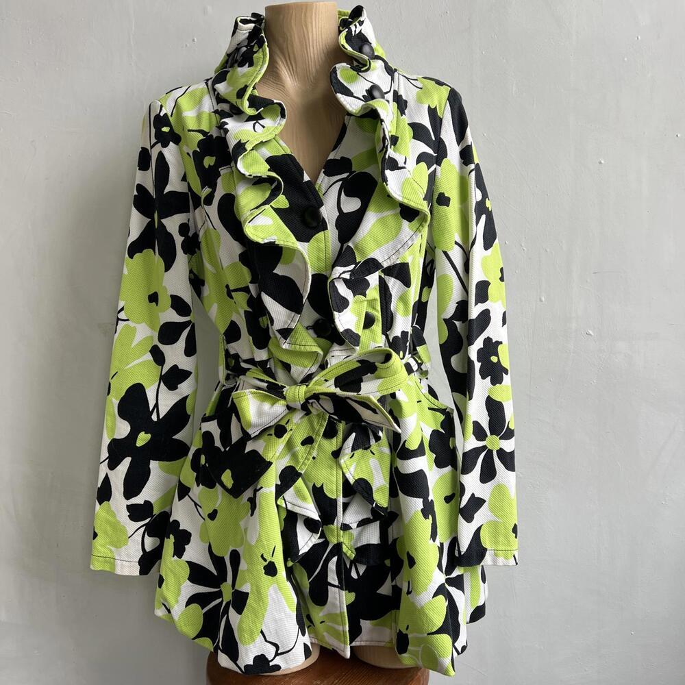 Joseph Ribkoff Women’s Floral Ruffle Jacket Coat Size 12 Green Black Y2K Artsy